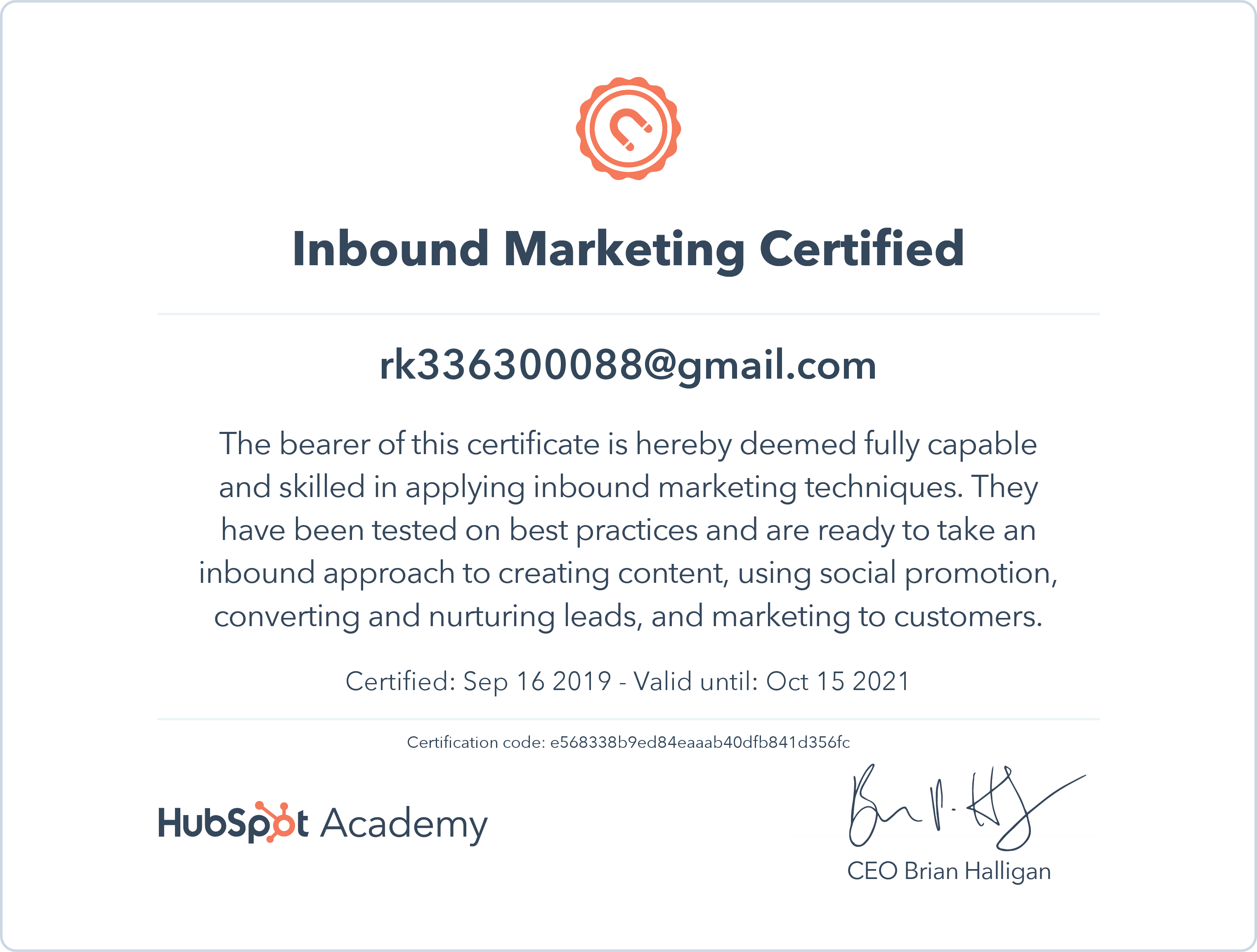 Certificate that proves the freelance tech artistry of copywriting and content marketing